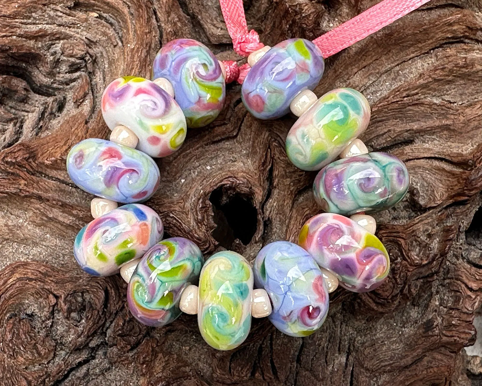 11 Pastel Swirl Lampwork Beads Set SRA