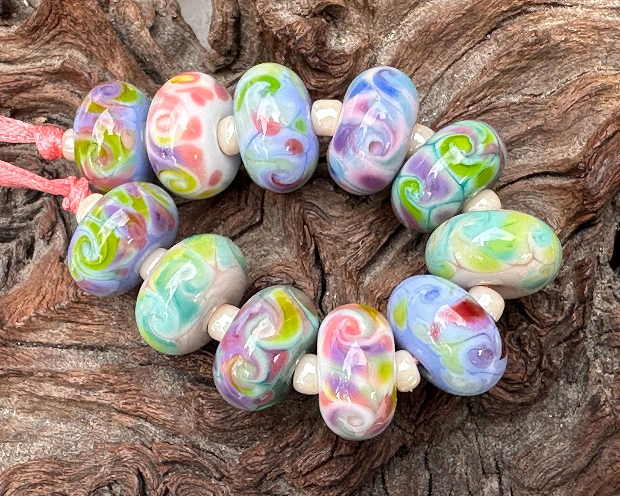 11 Pastel Swirl Lampwork Beads Set SRA