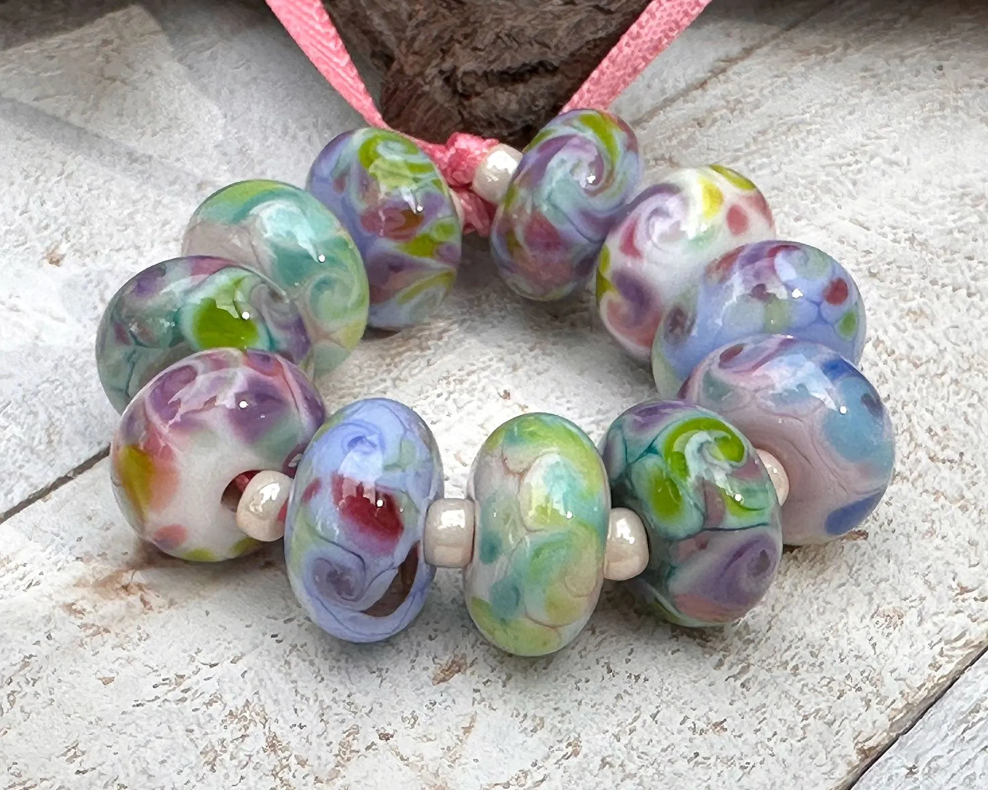 11 Pastel Swirl Lampwork Beads Set SRA