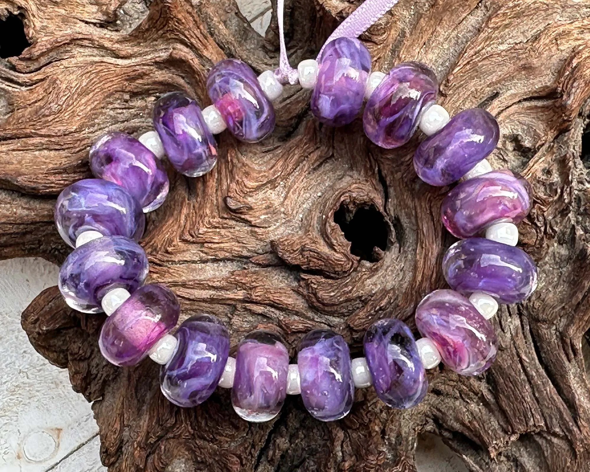 16 Purple Swirl Lampwork Beads Set SRA