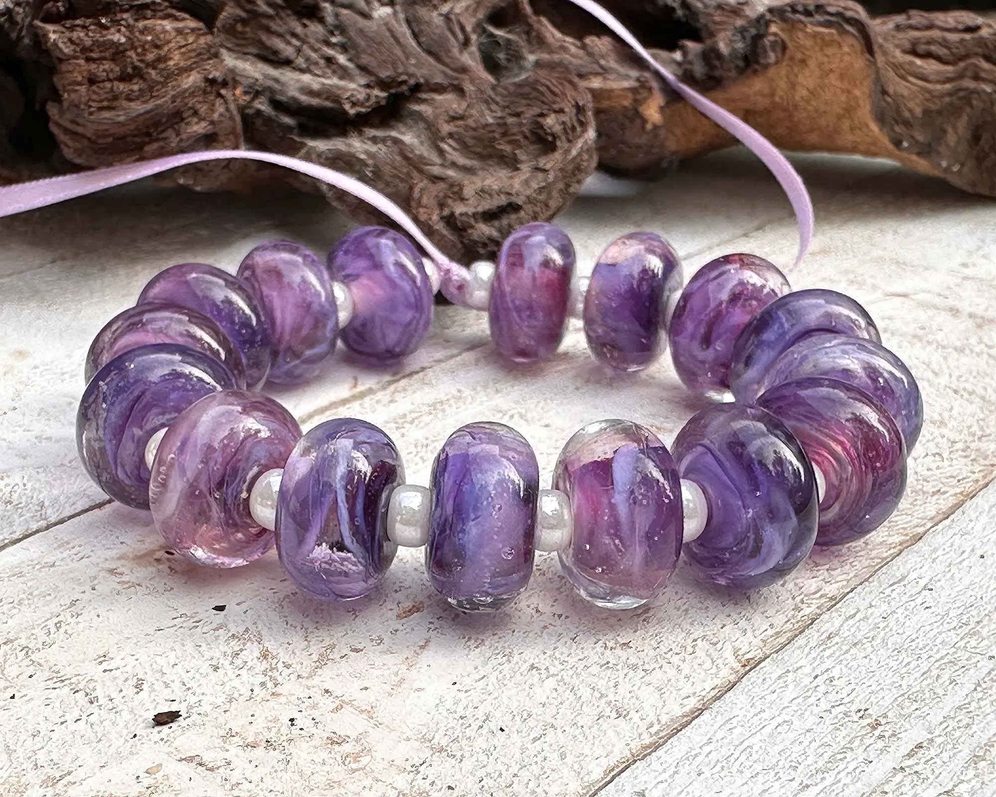 16 Purple Swirl Lampwork Beads Set SRA