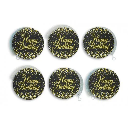 6pk Hanging Swirl Decoration Sparkling Happy Birthday  - Black Gold