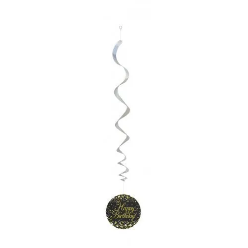 6pk Hanging Swirl Decoration Sparkling Happy Birthday  - Black Gold