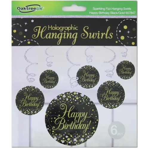 6pk Hanging Swirl Decoration Sparkling Happy Birthday  - Black Gold