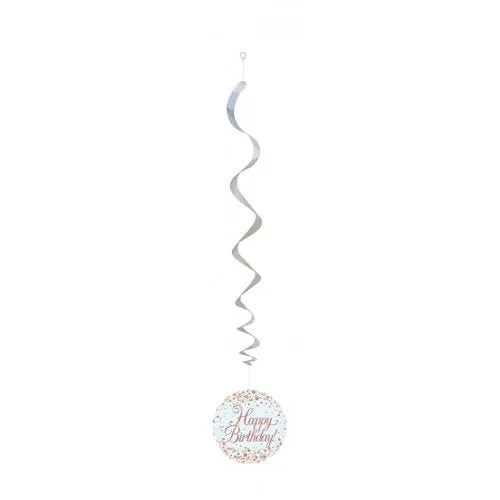 6pk Hanging Swirl Decoration Sparkling Happy Birthday  - Rose Gold