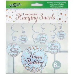 6pk Hanging Swirl Decoration Sparkling Happy Birthday  - Rose Gold