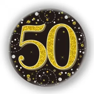 7.5cm Sparkling Fizz Black Gold Birthday Badge - 50th