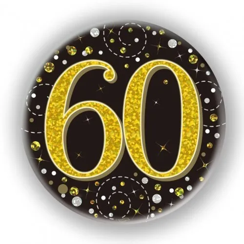 7.5cm Sparkling Fizz Black Gold Birthday Badge - 60th