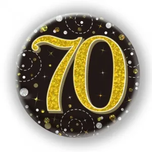 7.5cm Sparkling Fizz Black Gold Birthday Badge - 70th