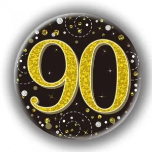 7.5cm Sparkling Fizz Black Gold Birthday Badge - 90th