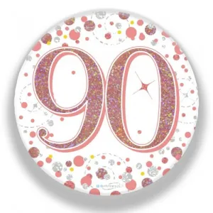 7.5cm Sparkling Fizz Rose Gold Birthday Badge - 90th