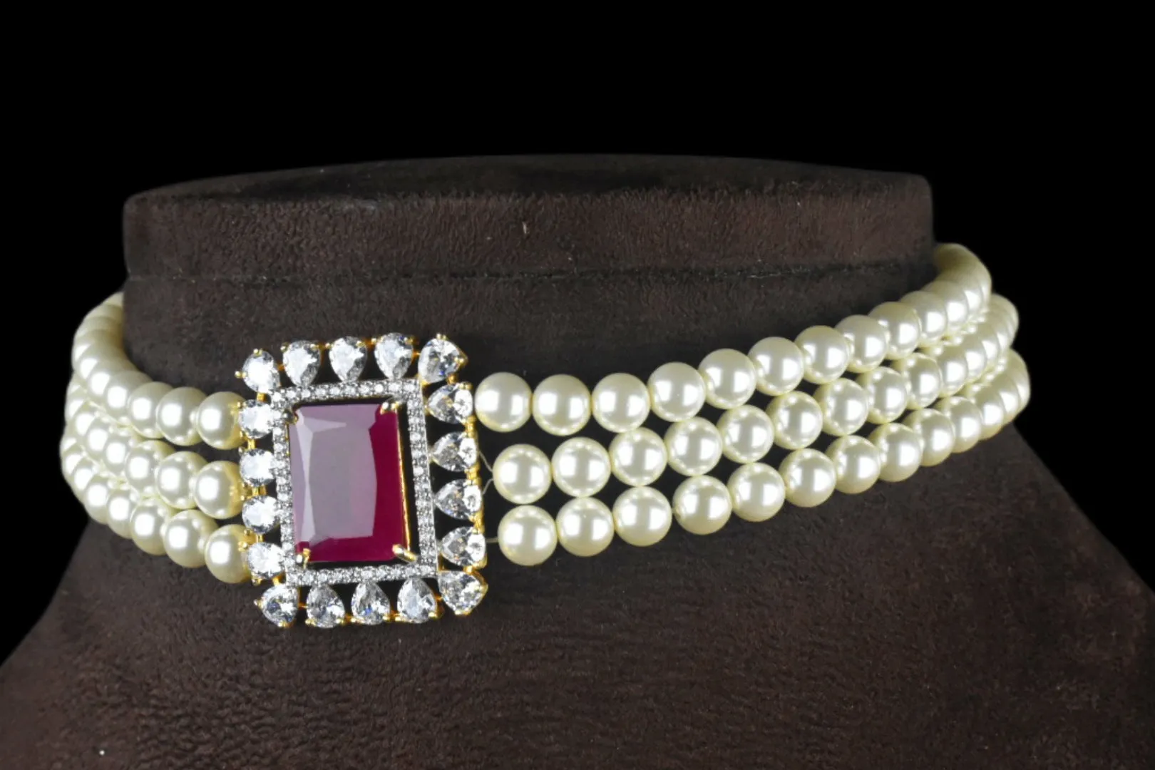 American Diamonds Brooch & Pearls Choker By Asp Fashion Jewellery