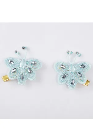 Blue And Silver Beads And Pearl Embellished Butterfly Hairclips