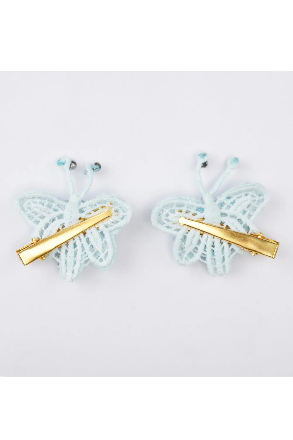 Blue And Silver Beads And Pearl Embellished Butterfly Hairclips