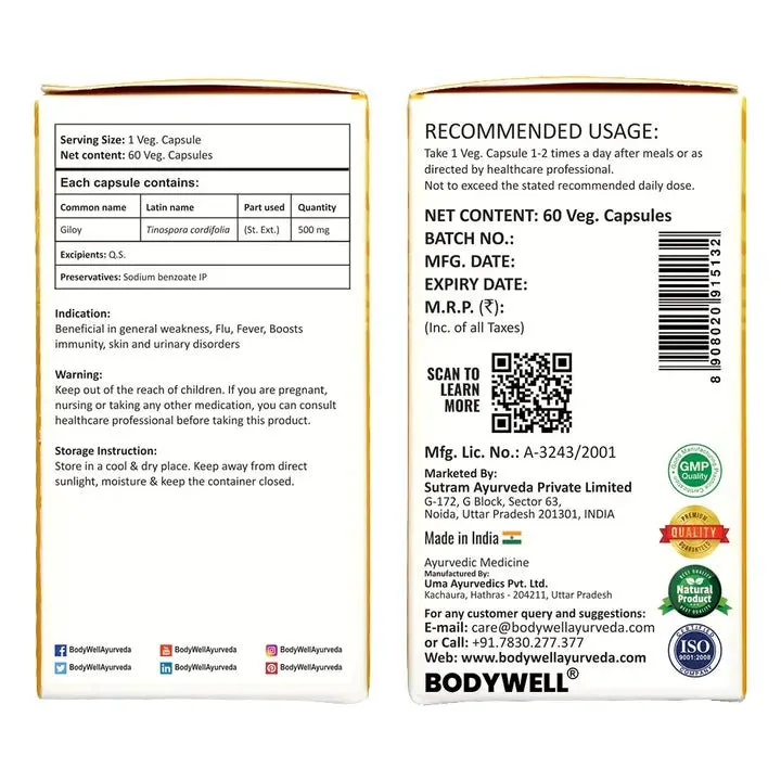 Bodywell Ayurveda - Giloy Pure Extract Capsule | Antioxidant Properties | Boosts Immunity | Improves Digestion| 500mg