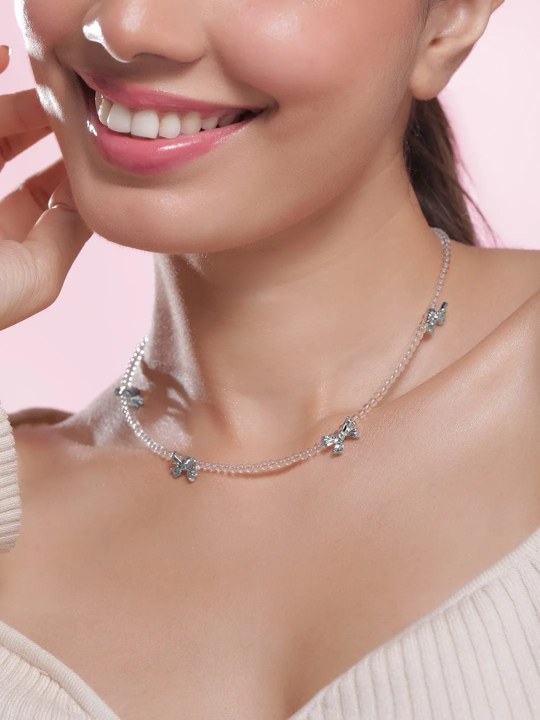 Delicate Dual-Strand Crystal Bead Necklace with Silver-Plated Bow Charms