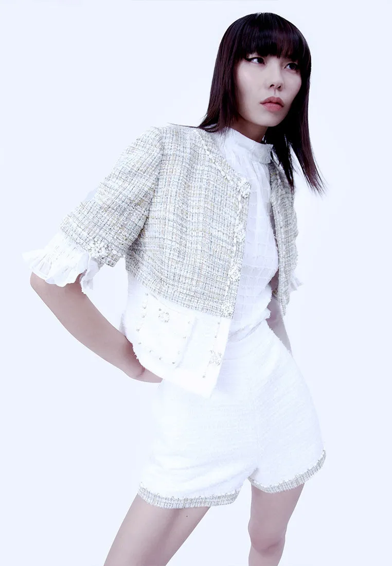 High-waist Mix-green Lining White Tweed Shorts