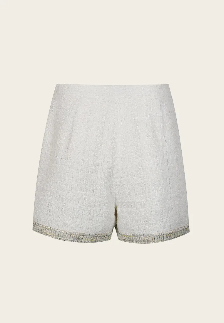 High-waist Mix-green Lining White Tweed Shorts