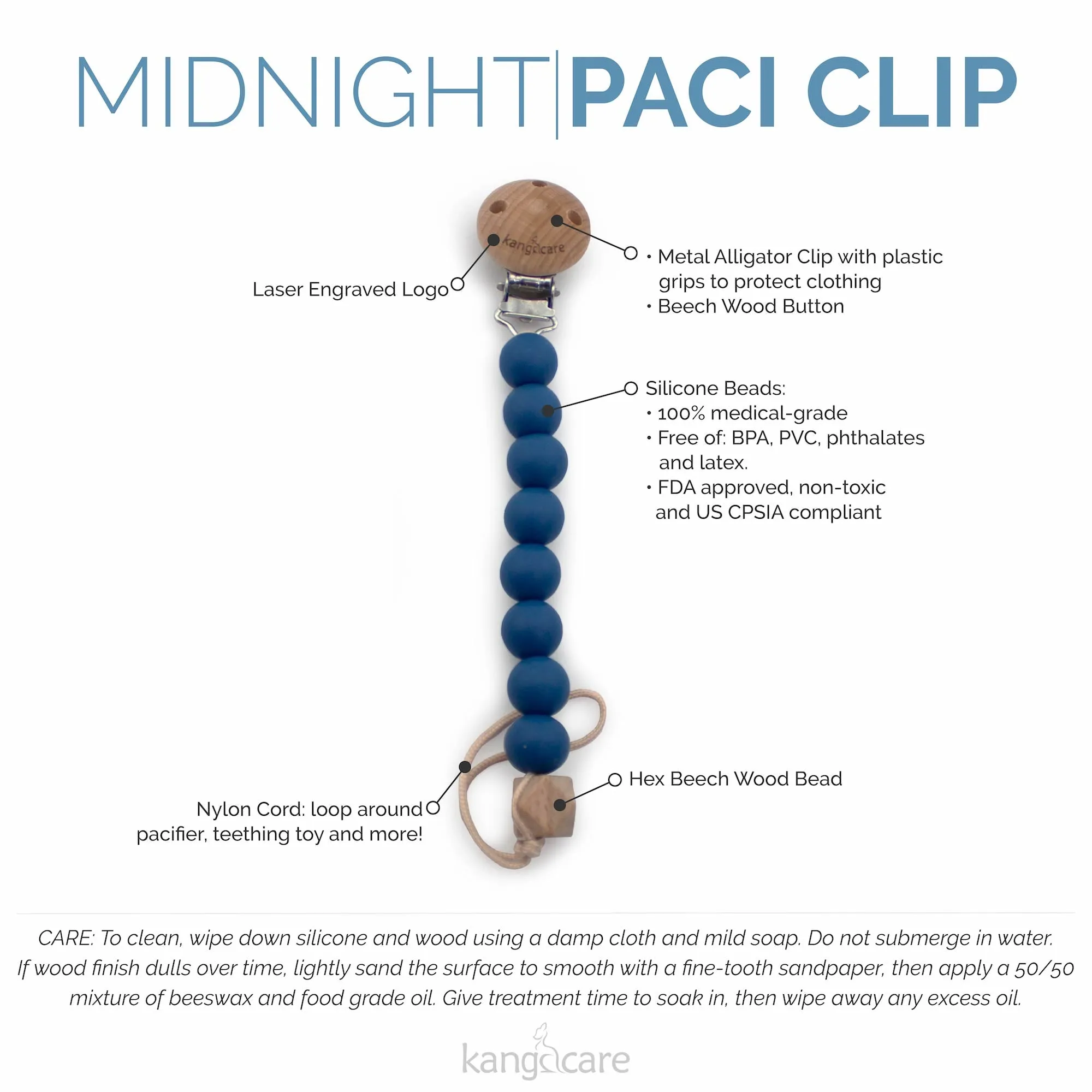 Kanga Care Silicone & Wood Paci Clip - Midnight