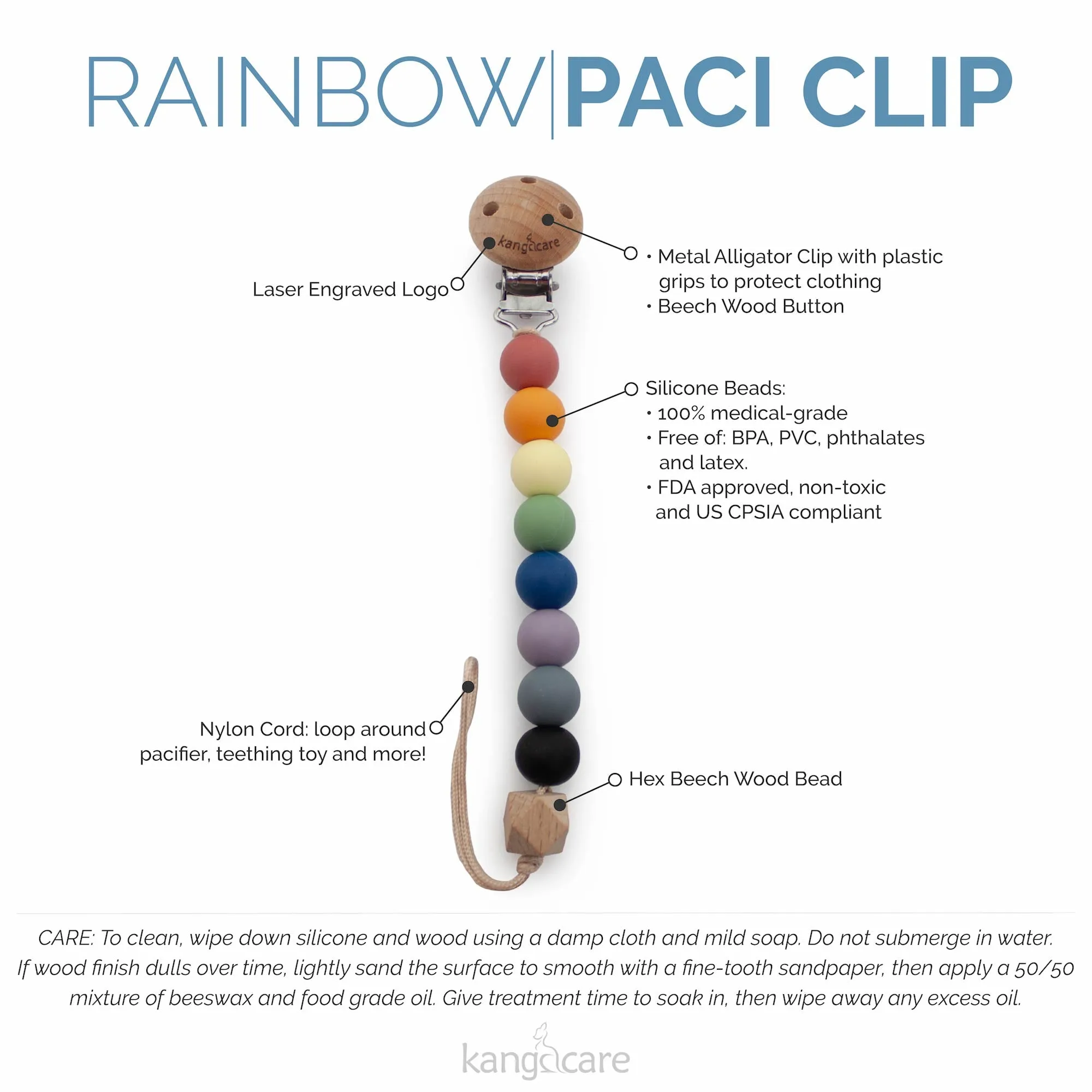 Kanga Care Silicone & Wood Paci Clip - Rainbow