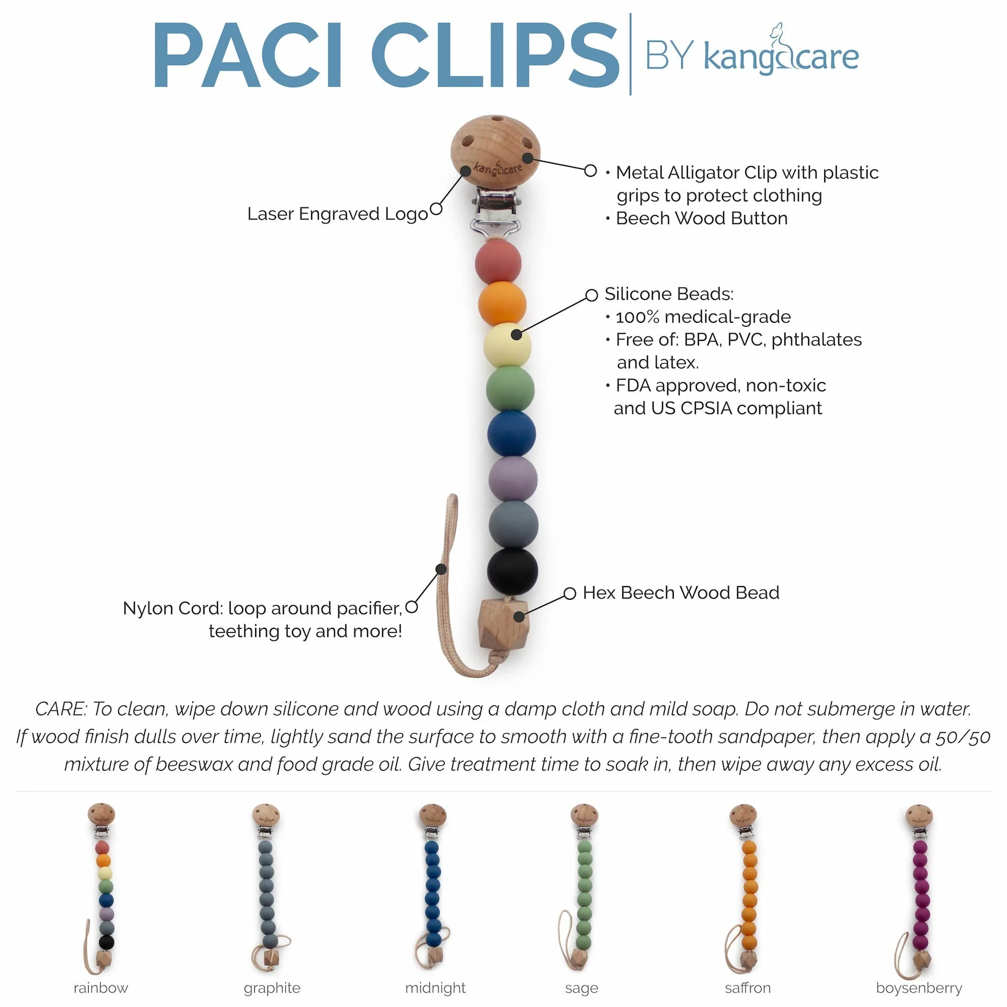 Kanga Care Silicone & Wood Paci Clip - Rainbow