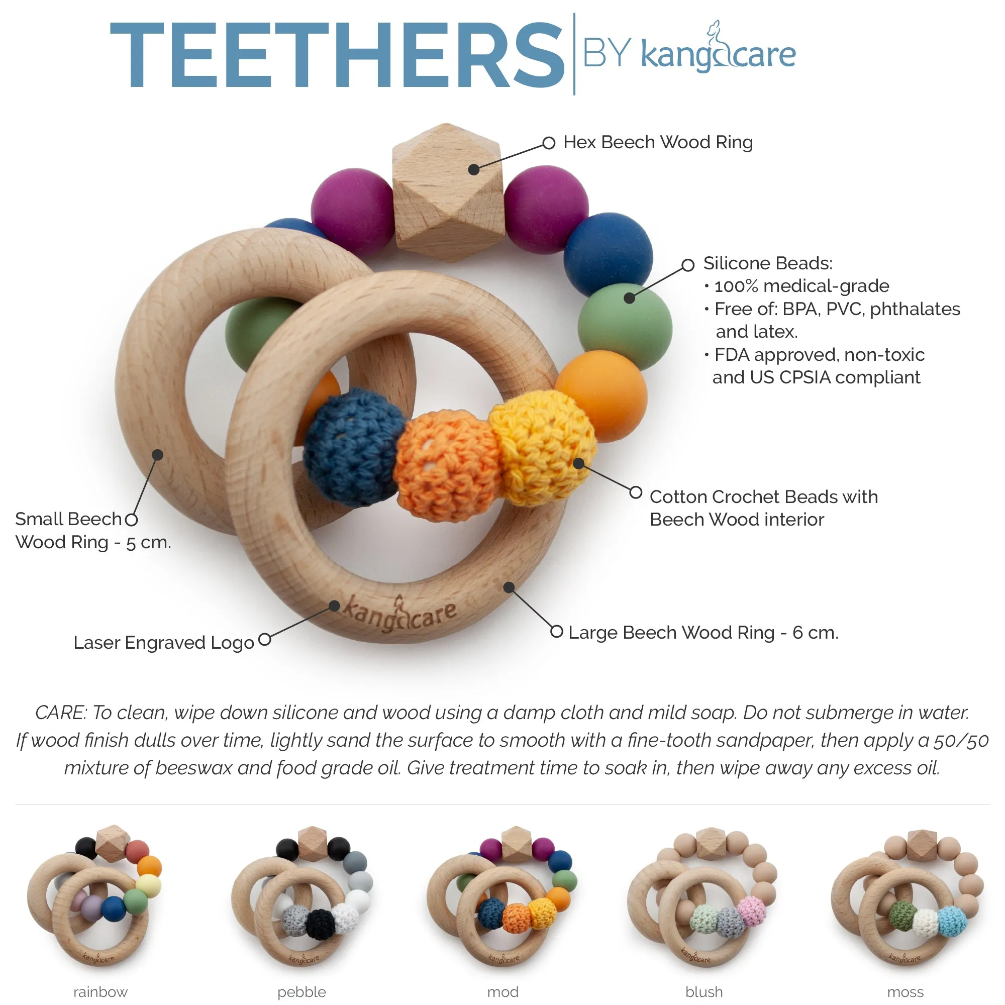 Kanga Care Silicone & Wood Teething Ring - Crocheted - Mod