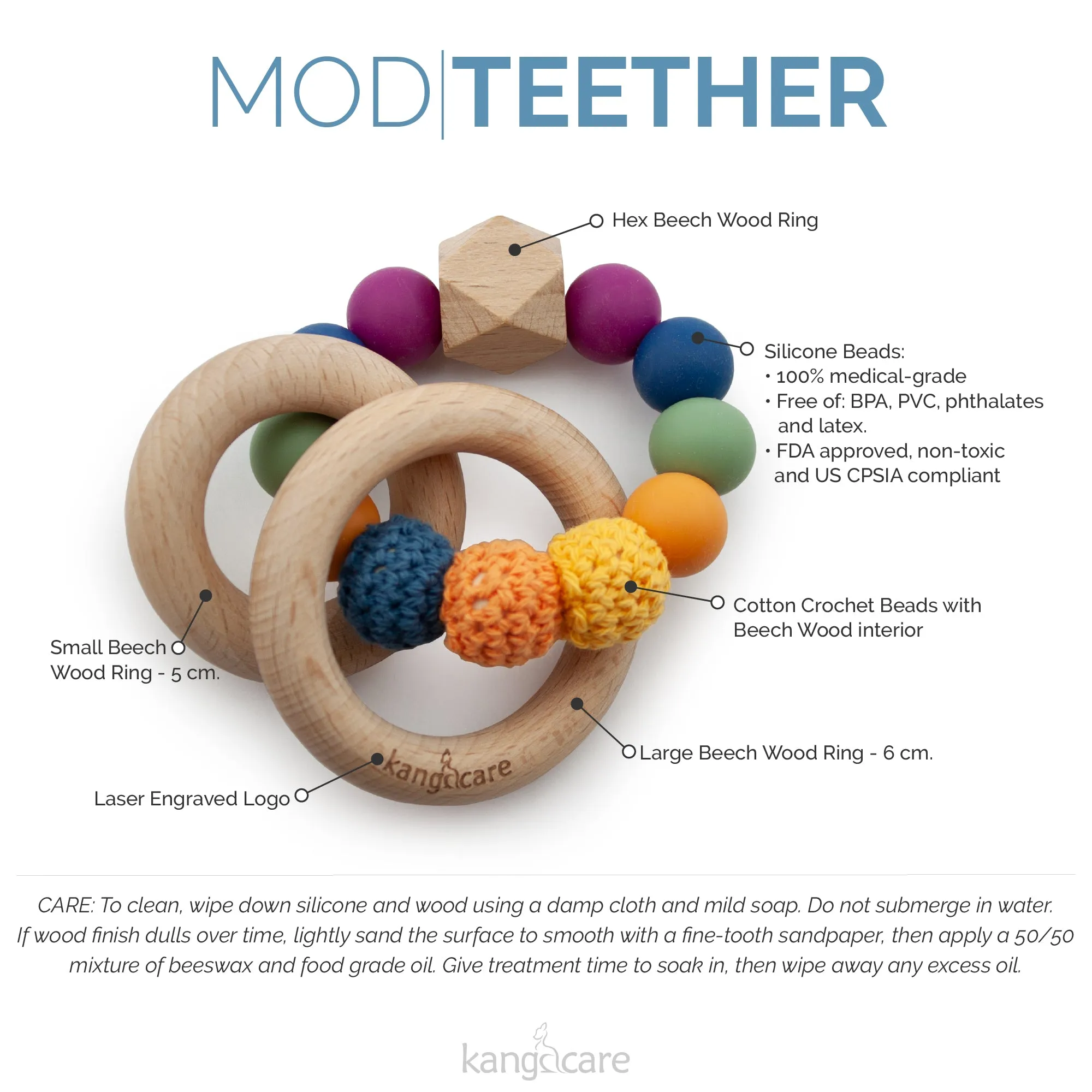 Kanga Care Silicone & Wood Teething Ring - Crocheted - Mod