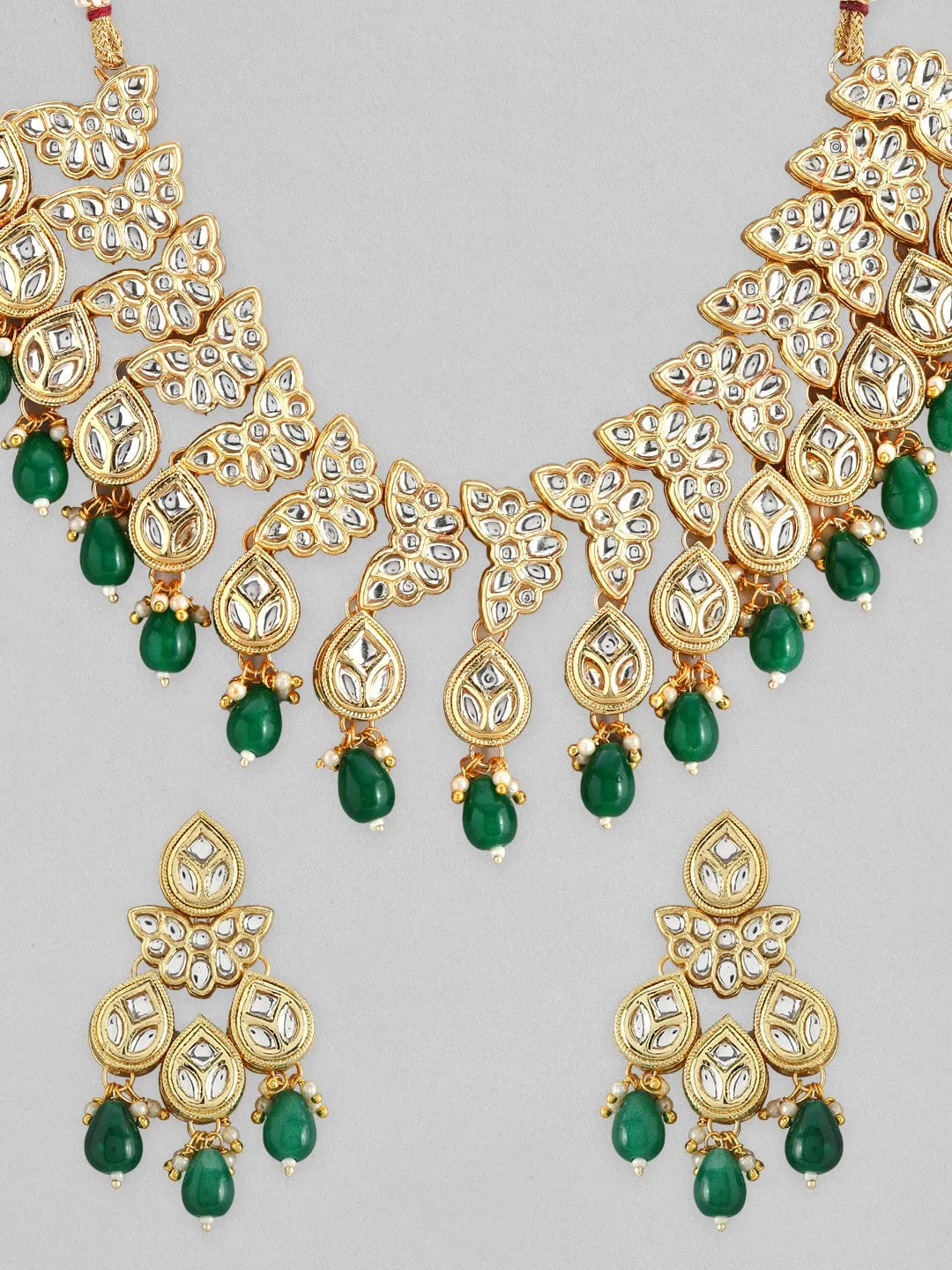 Rubans 22K Gold Plated Kundan Necklace Set With And Green Beads