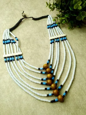 White Naga and Wooden Bead Necklace with Blue Accents