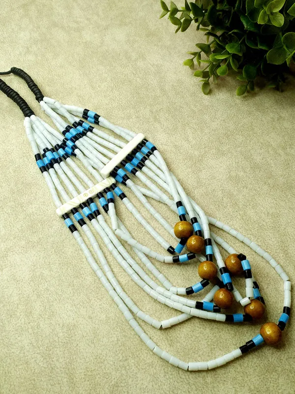 White Naga and Wooden Bead Necklace with Blue Accents