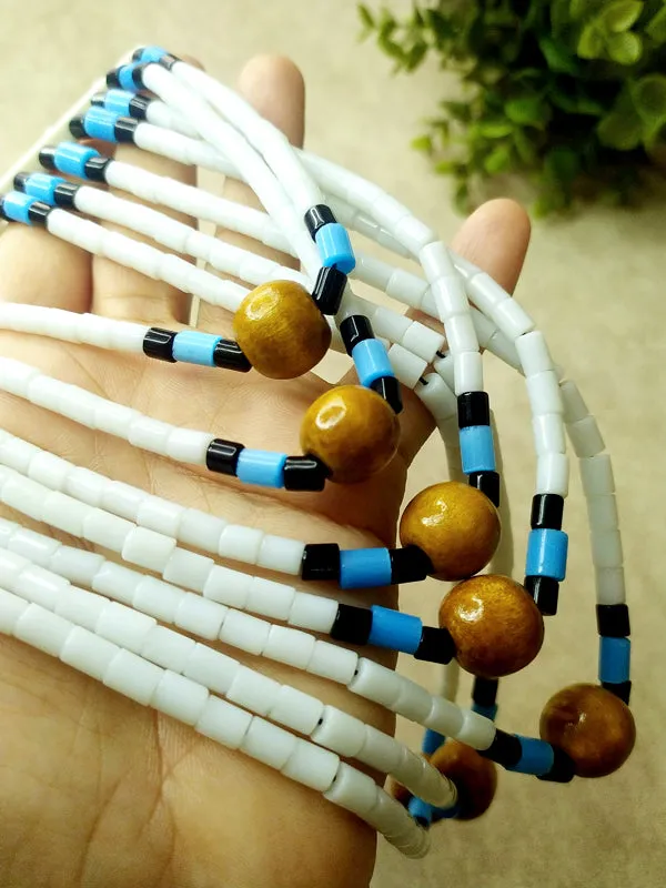 White Naga and Wooden Bead Necklace with Blue Accents